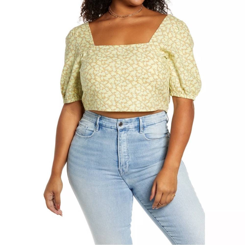 NWT Nordstrom BP Yellow & Tan Floral Puff Sleeve Crop Top Blouse Sz S